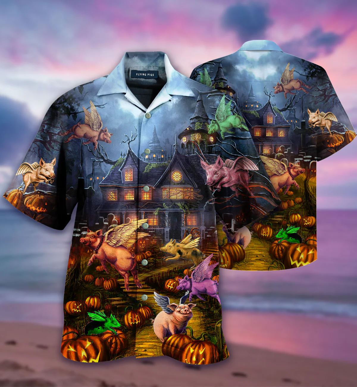 Pigs Taking Flight Halloween Inspired Hawaiian Shirt