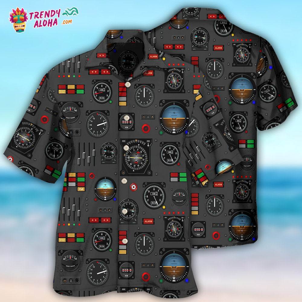 Pilot Watch Airplane Instrument Panel With Black Style Hawaiian Shirt – Trendy Aloha