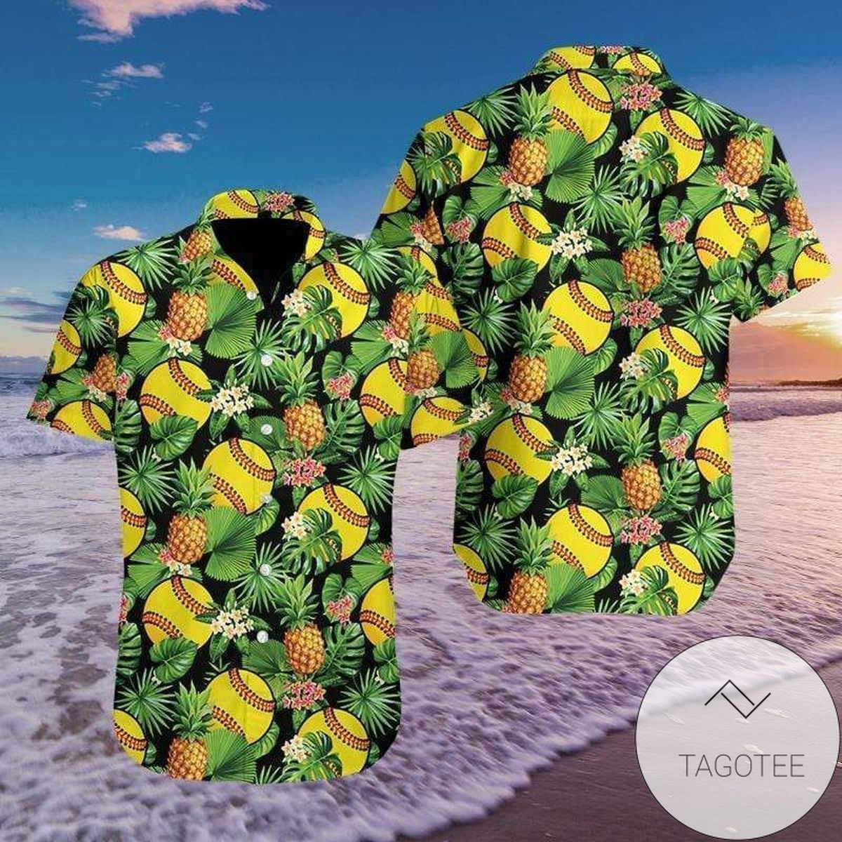 Pineapple and Softball Fusion on Vibrant Tropical Hawaiian Shirt