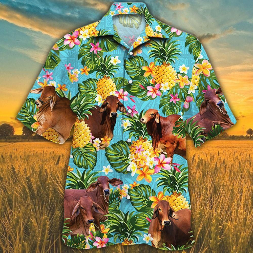 Pineapple Delight Hawaiian Shirt for Red Brahman Cattle Lovers