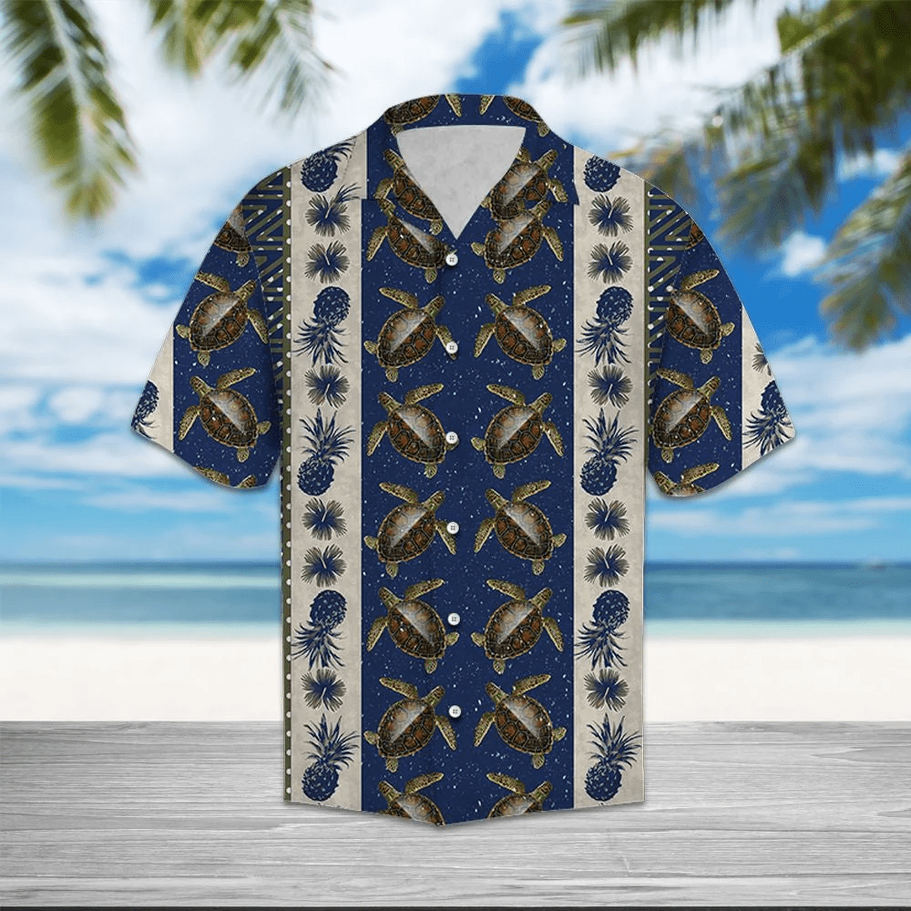 Pineapple Hibiscus and Turtle Design Hawaiian Shirt