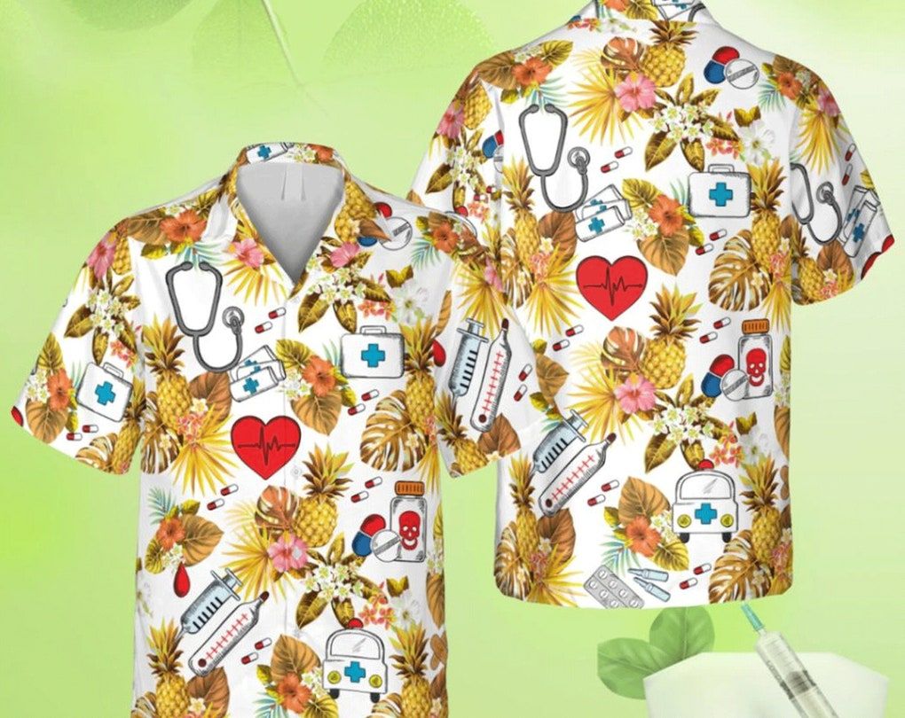 Pineapple Nurse Trendy Hawaiian Shirt, Doctor Stethoscope, Pulse Male Clothing, Group Hawaii Shirt Summer, Tropical Beach Shirt Button Down Shirt.