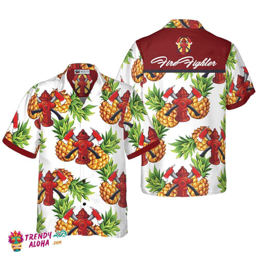 Pineapple Seamless Pattern Firefighter Hawaiian Shirt, Cross Axes Tropical Firefighter Shirt For Men Pineapple Seamless Pattern Firefighter Hawaiian Shirt, Cross Axes Tropical Firefighter Shirt For Men