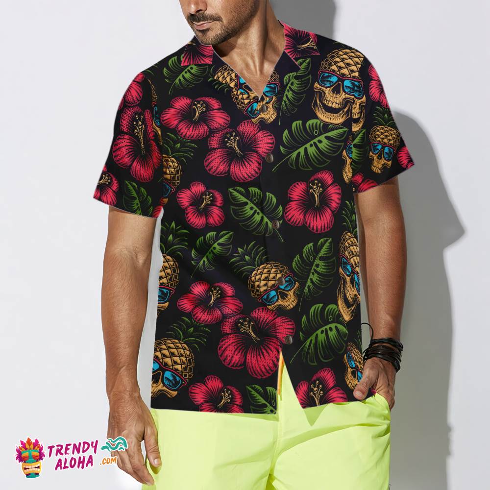 Pineapple Skull Tropical Flowers Black Hawaiian Shirt