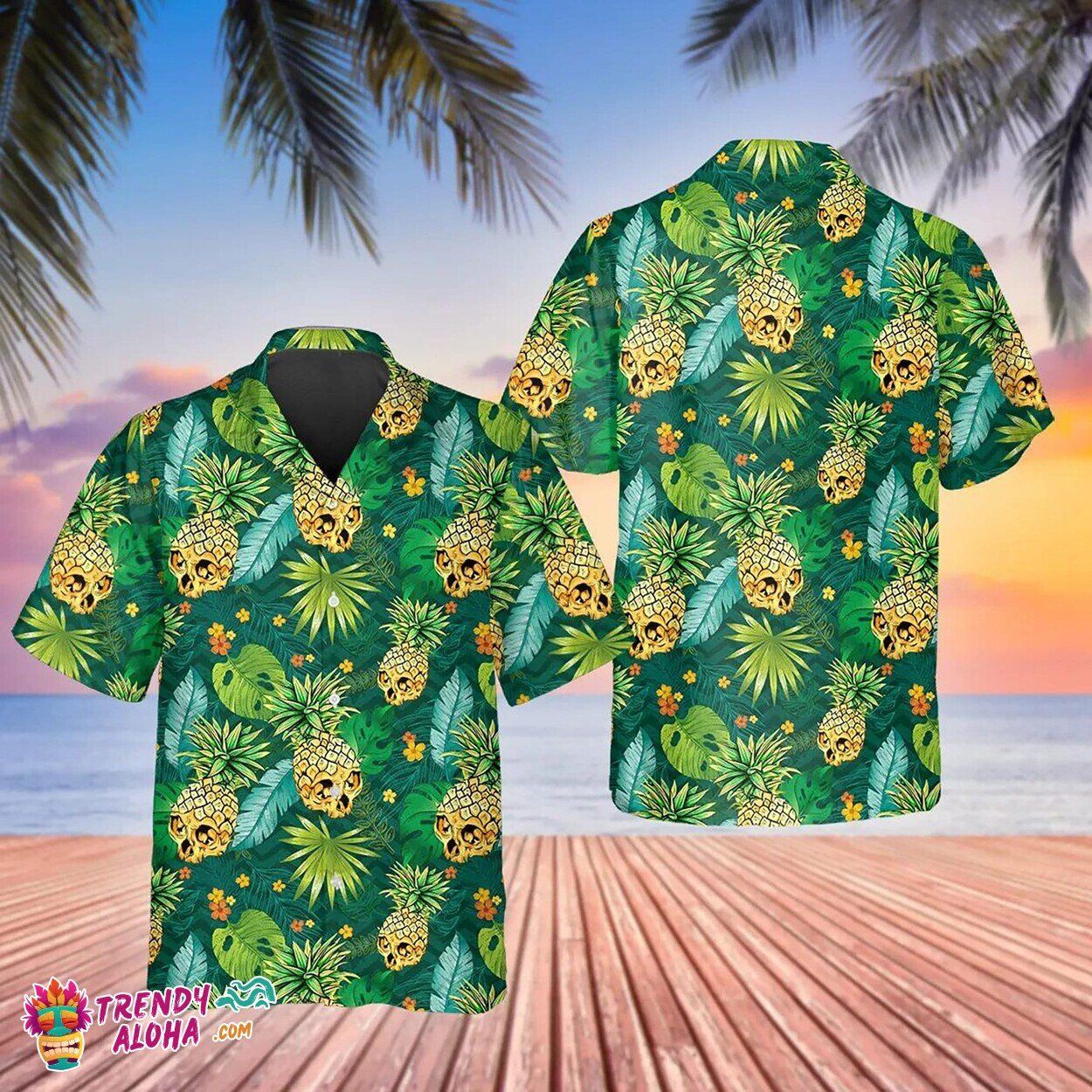 Pineapple Skull Tropical Green Hawaiian Summer Beach Party Shirt