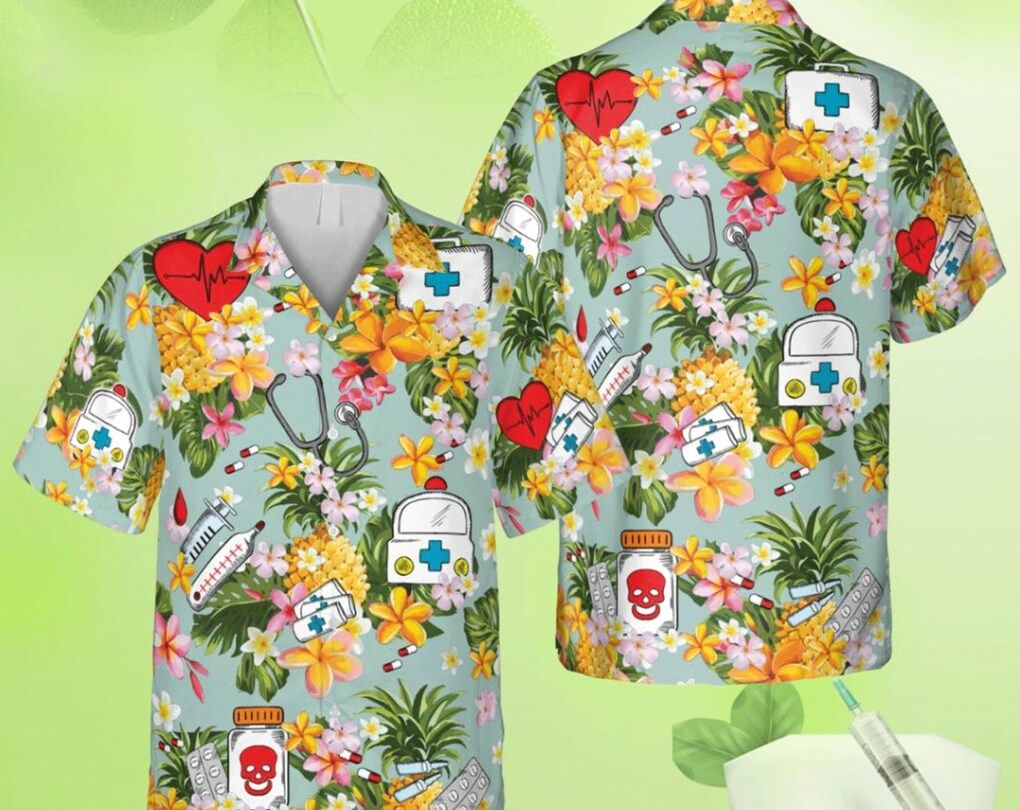 Pineapples Nurse Tools Doodle Trendy Hawaiian Shirt, Doctor Gift Shirts, Group Hawaii Shirt Summer Gifts, Tropical Beach Shirt Button Down Shirt.