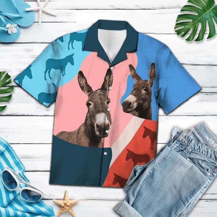 Pink And Blue Geometric With Donkey Trendy Hawaiian Shirt
