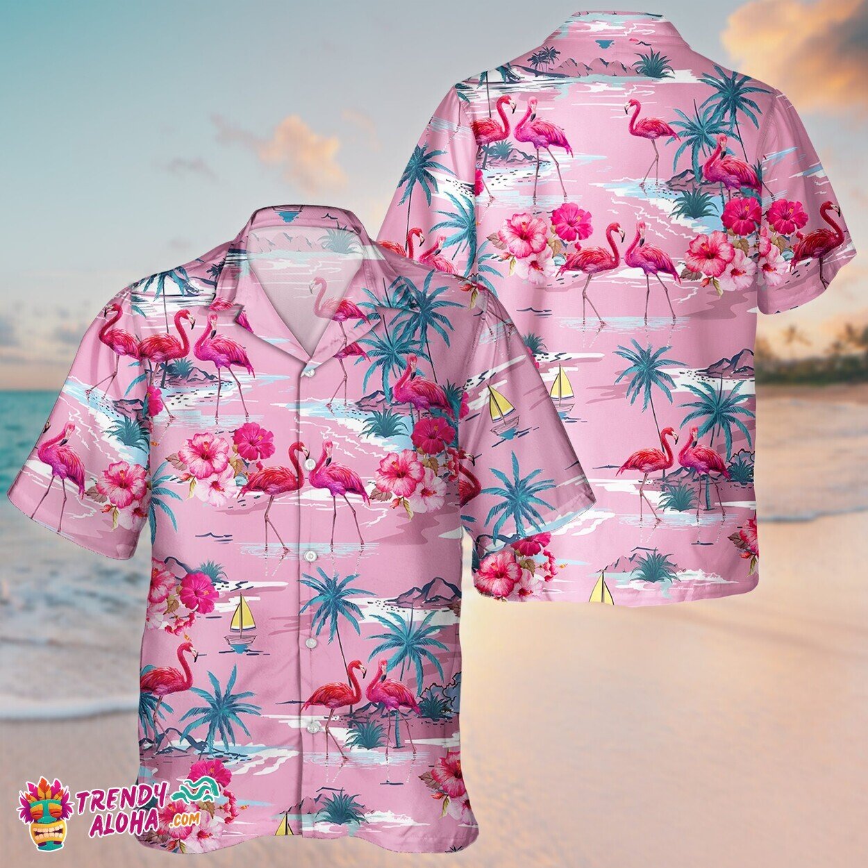 Pink Flamingo Tropical Unisex Aloha Hawaiian Short Sleeve Shirt