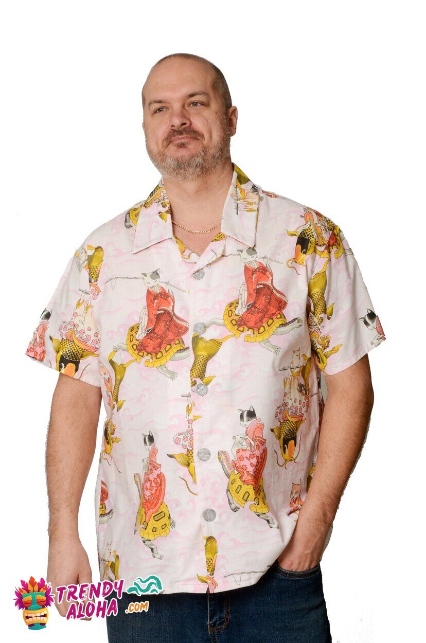 Pink Hawaiian Shirt Featuring Oriental Koi Fish and Cats in Aloha Style