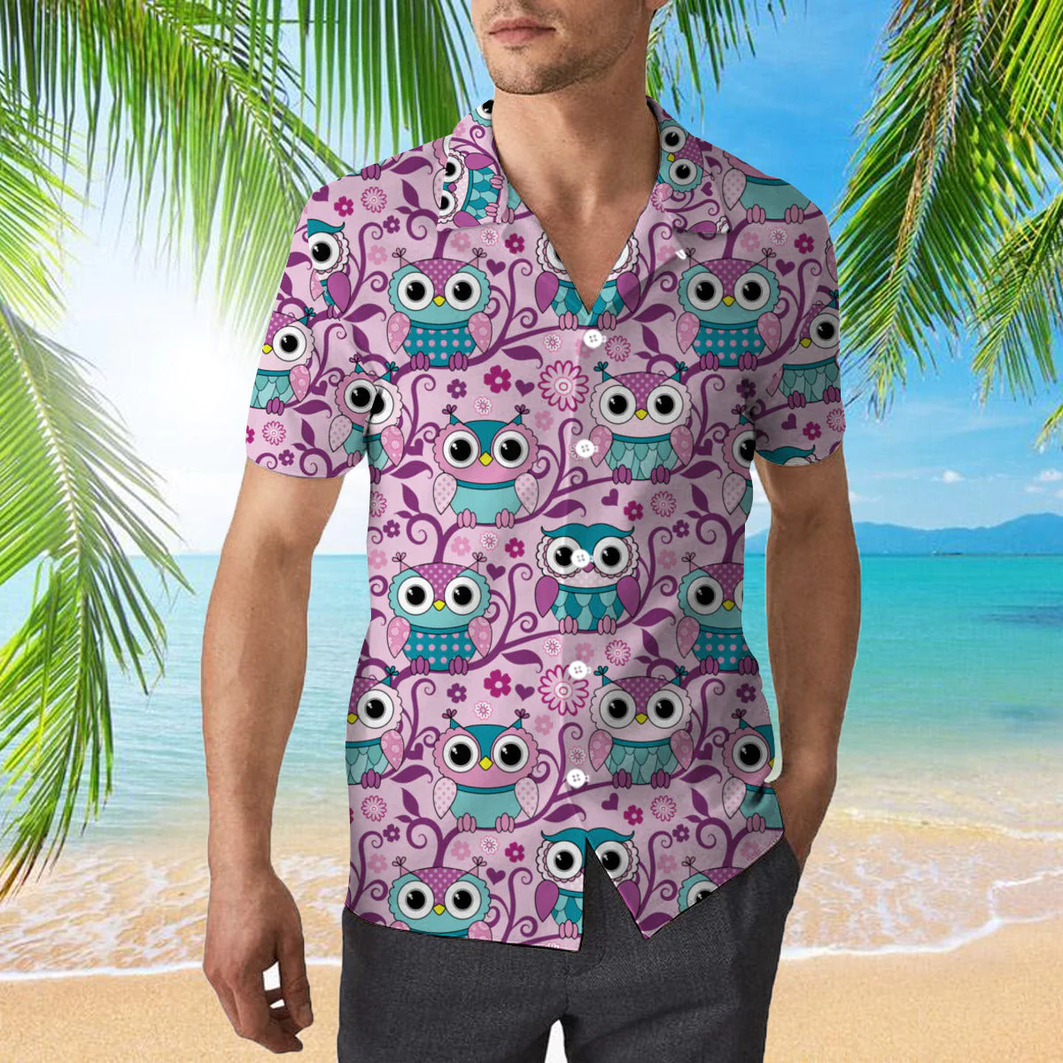 Pink Owls Hippie Trendy Hawaiian Shirt For Aloha Shirt