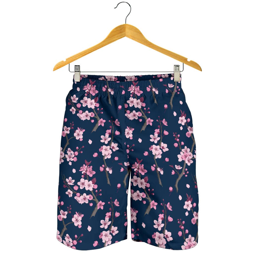 Pink Sakura Cherry Blossom Blue Background For Men Women Kid Shorts