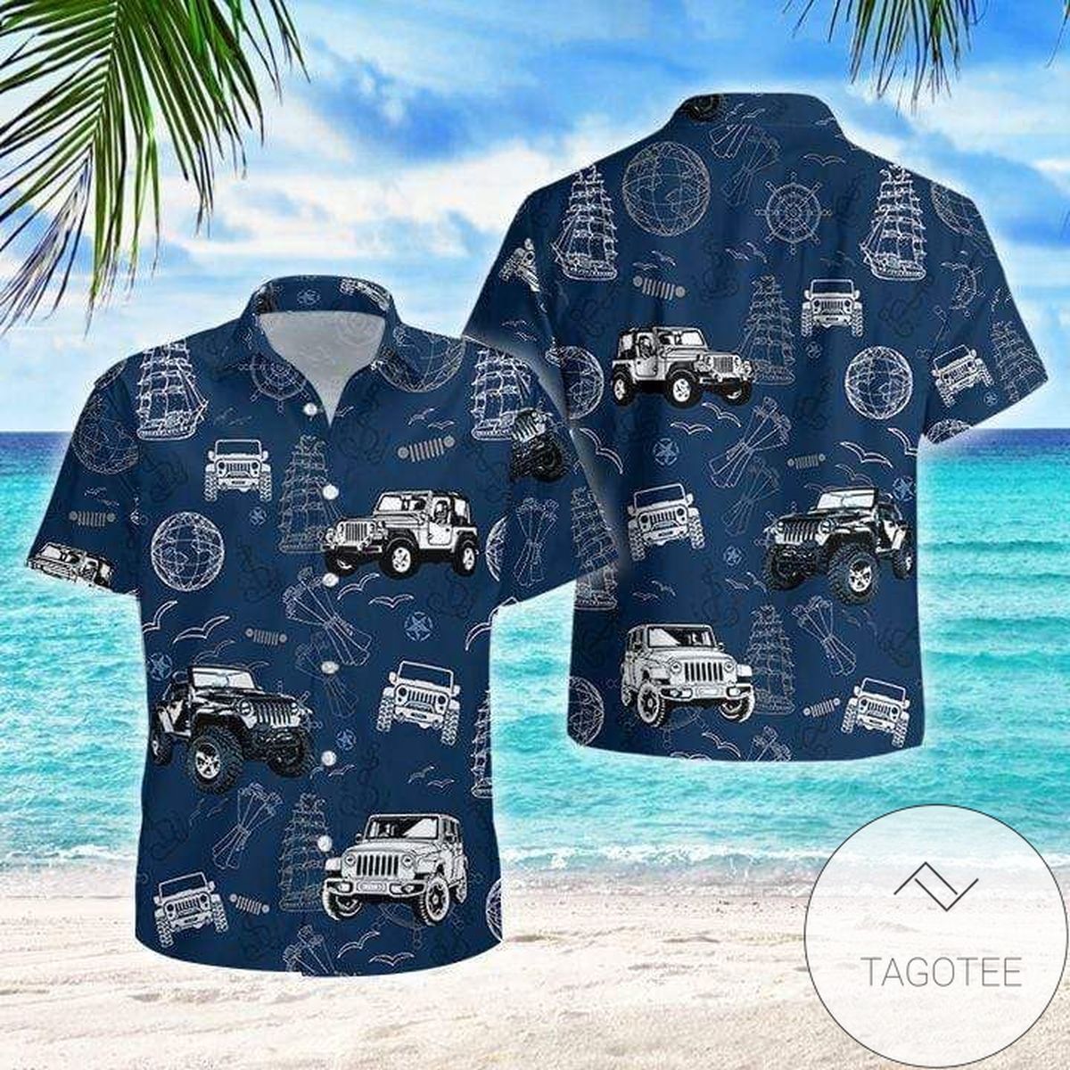 Pirate Jeep with Anchor Dominates Navy Scene Hawaiian Shirt