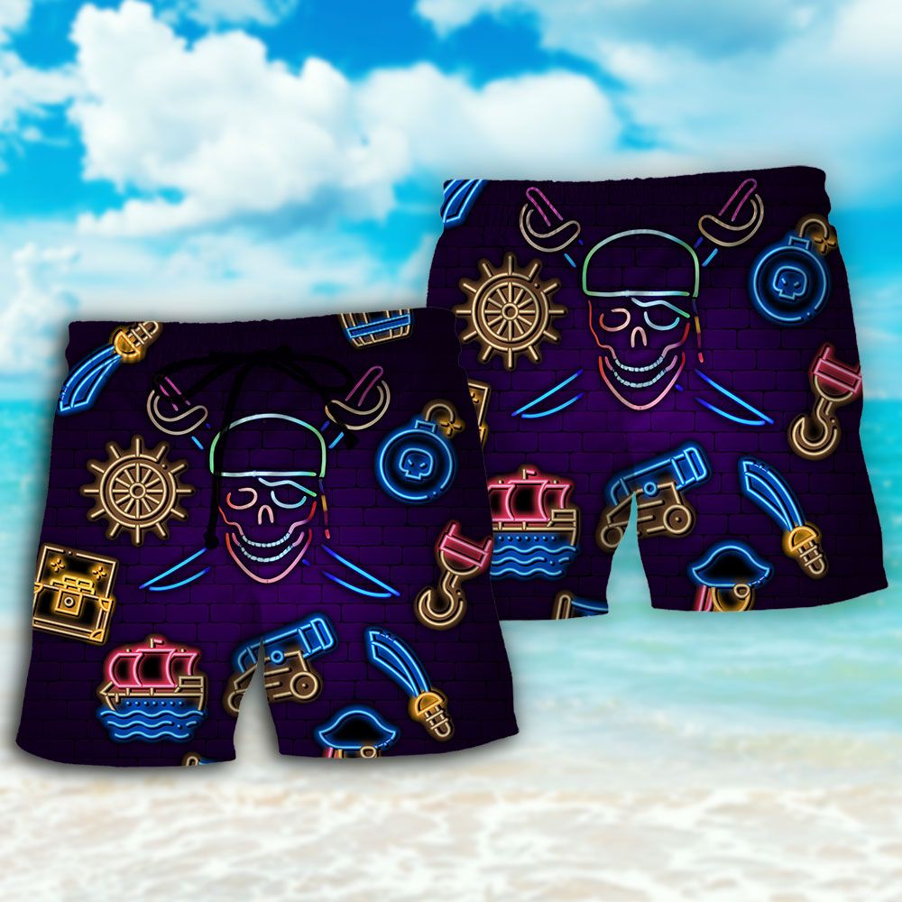 Pirate Neon Art Style Trendy Aloha Hawaiian Beach Shorts