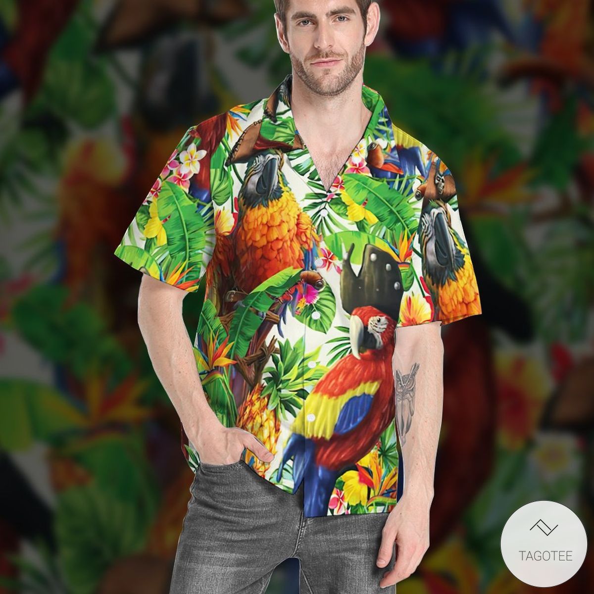 Pirate Parrot Amidst LusJungle Scenes Vivid Hawaiian Shirt
