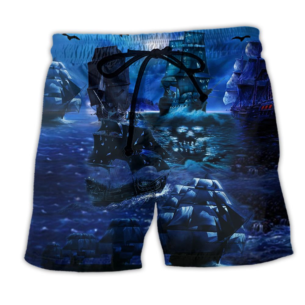 Pirate Ship Under The Romantic Moonlight Blue Trendy Aloha Hawaiian Beach Shorts Pirate Ship Under The Romantic Moonlight Blue Trendy Aloha Hawaiian Beach Shorts