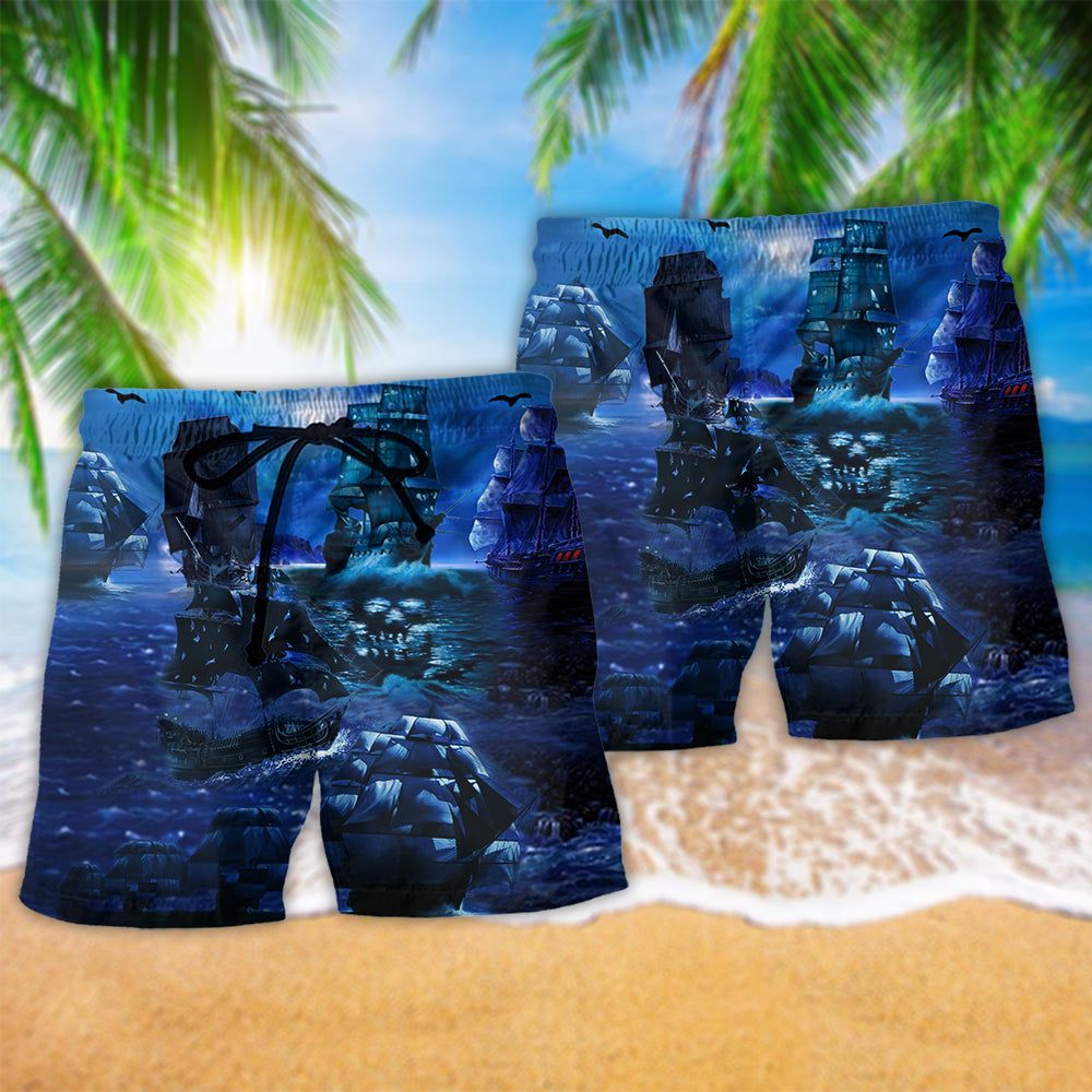 Pirate Ship Under The Romantic Moonlight Blue Trendy Aloha Hawaiian Beach Shorts