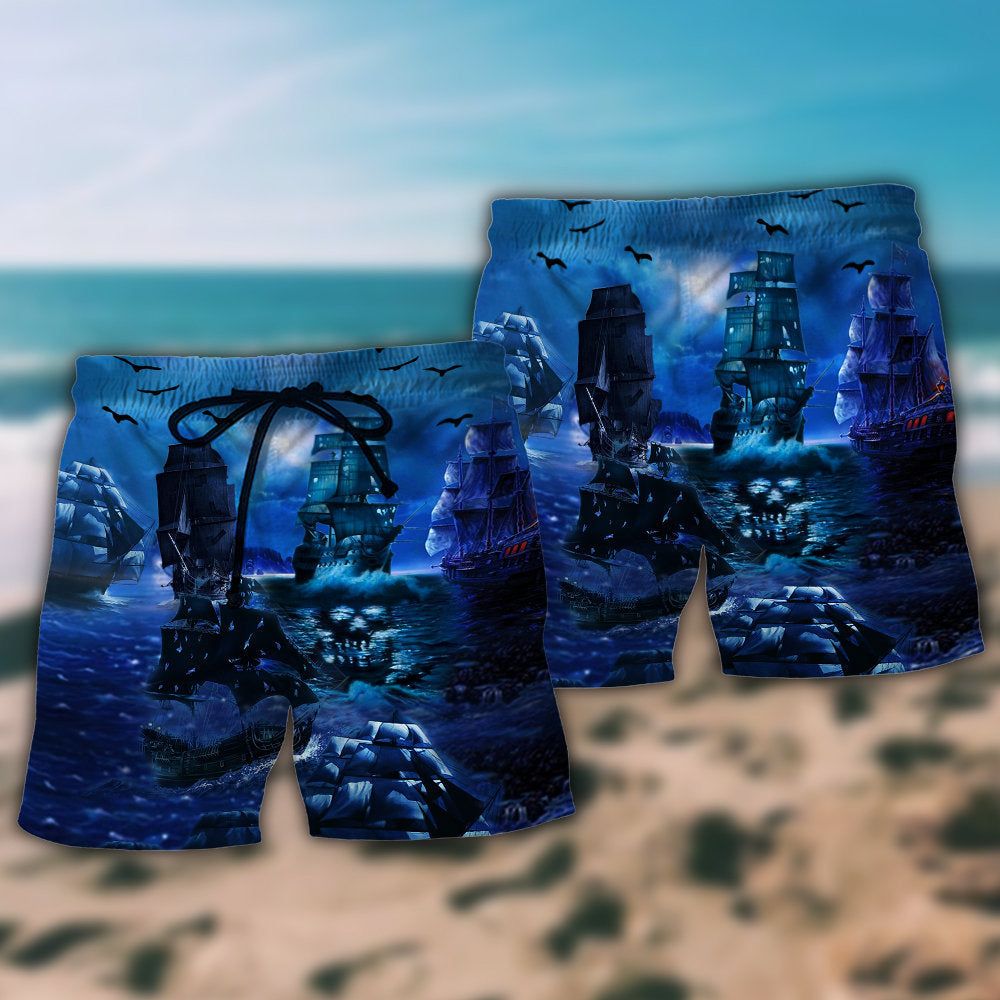 Pirate Ship Under The Romantic Moonlight Sea Trendy Aloha Hawaiian Beach Shorts