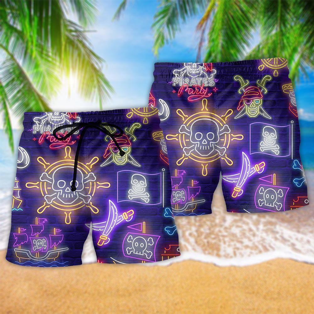 Pirate Work Like A Captain Party Like A Pirate Neon Light Trendy Aloha Hawaiian Beach Shorts