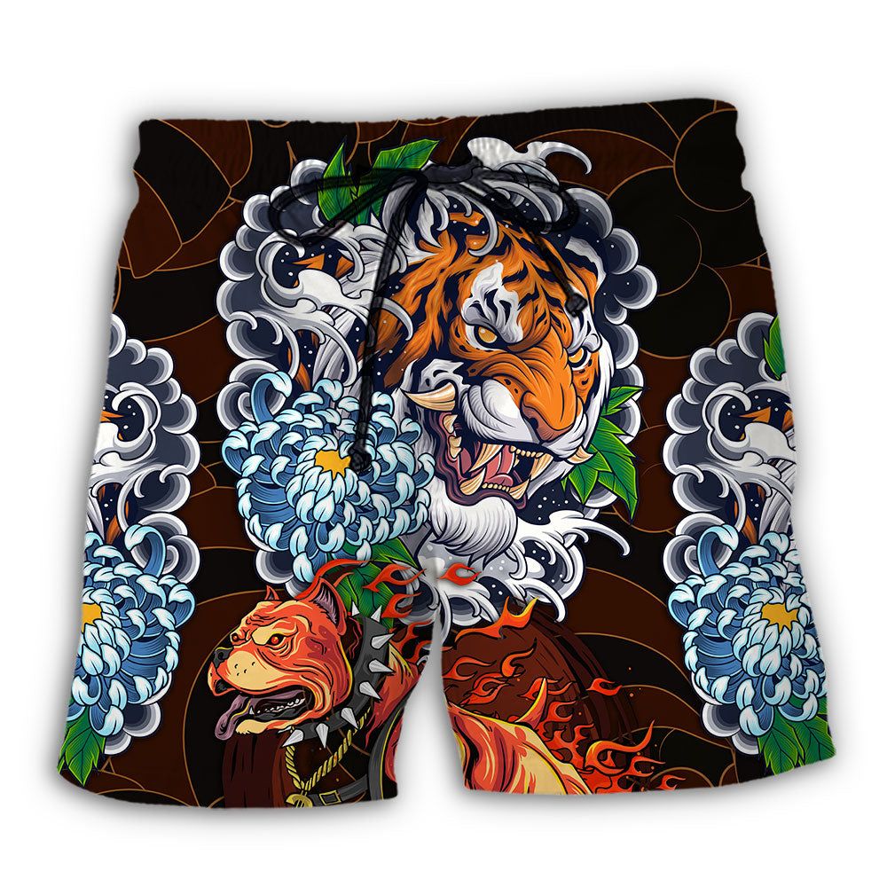 Pitbull Dog I Like Dogs And Tigers Trendy Aloha Hawaiian Beach Shorts