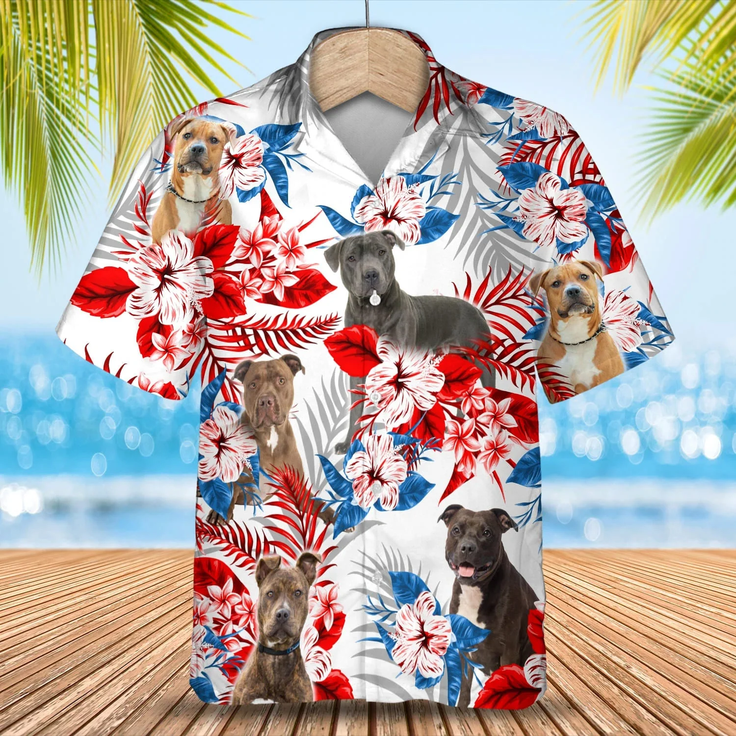 Pitbull Flower American Flag Trendy Hawaiian Shirt, Summer Aloha Shirt, Men Trendy Hawaiian Shirt, Gift For Summer
