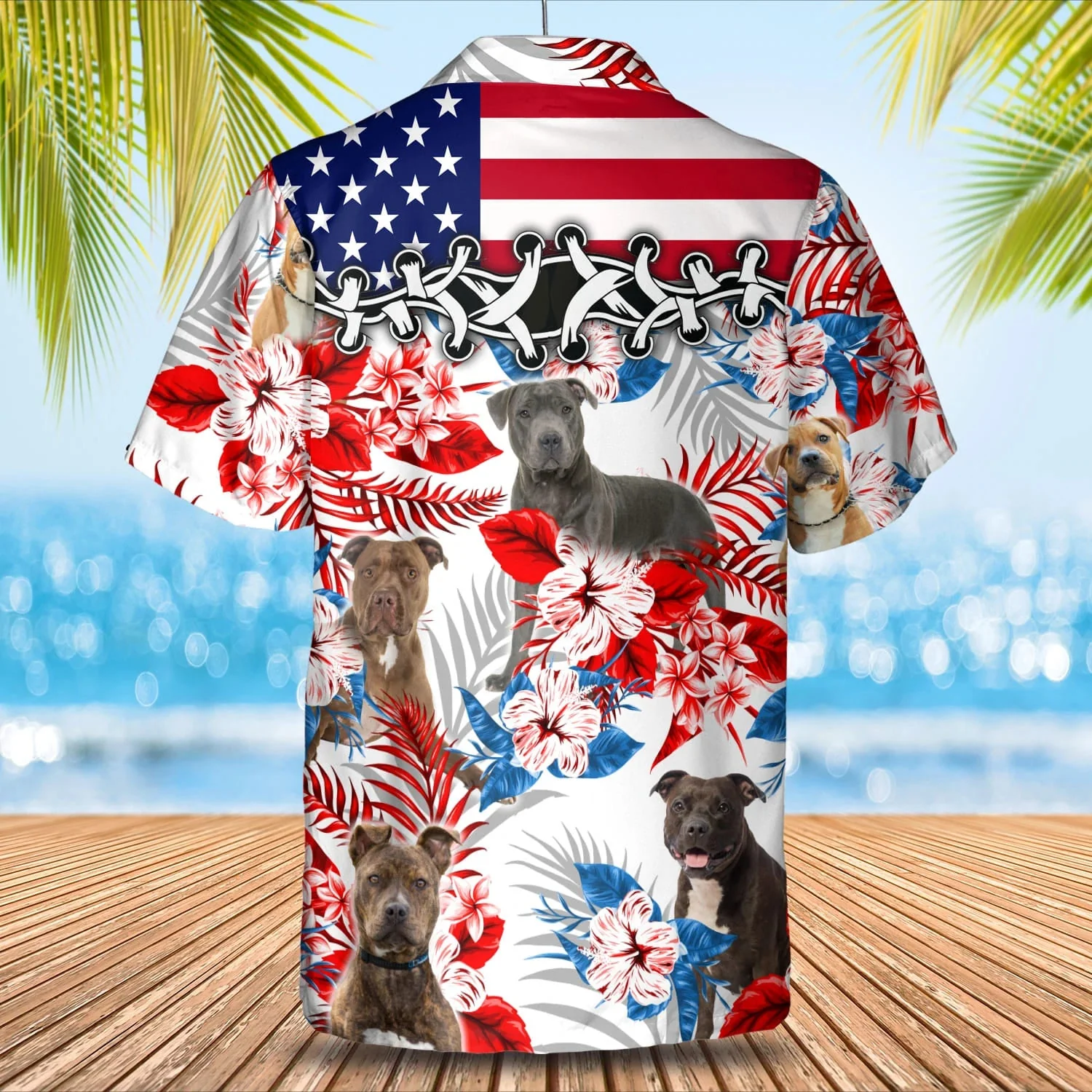 Pitbull Flower American Flag Trendy Hawaiian Shirt, Summer Aloha Shirt, Men Trendy Hawaiian Shirt, Gift For Summer