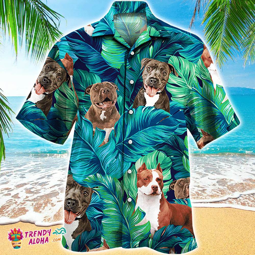 Pitbull Hawaiian Shirt Tropical Green Leaves, Aloha Hawaiian Shirts
