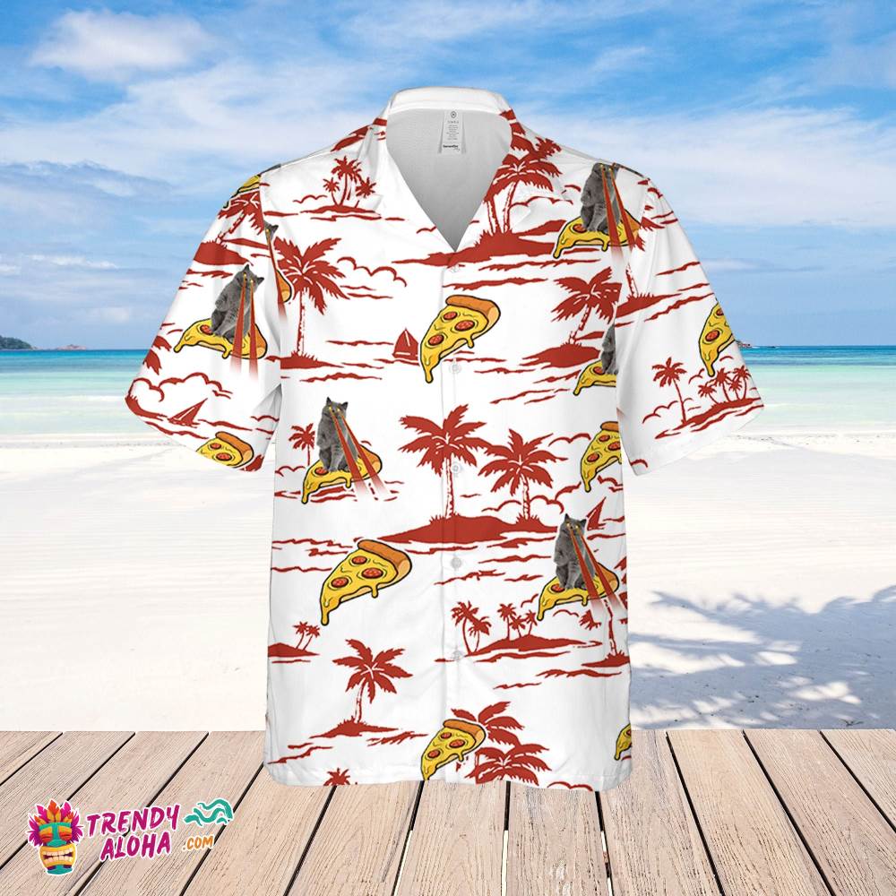 Pizza Cat Hawaiian Beach Pattern Shirt, Pizza Cat Hawaiian Shirt, Sea Island Shirt, Summer Cat Gift Hawaiian Shirt
