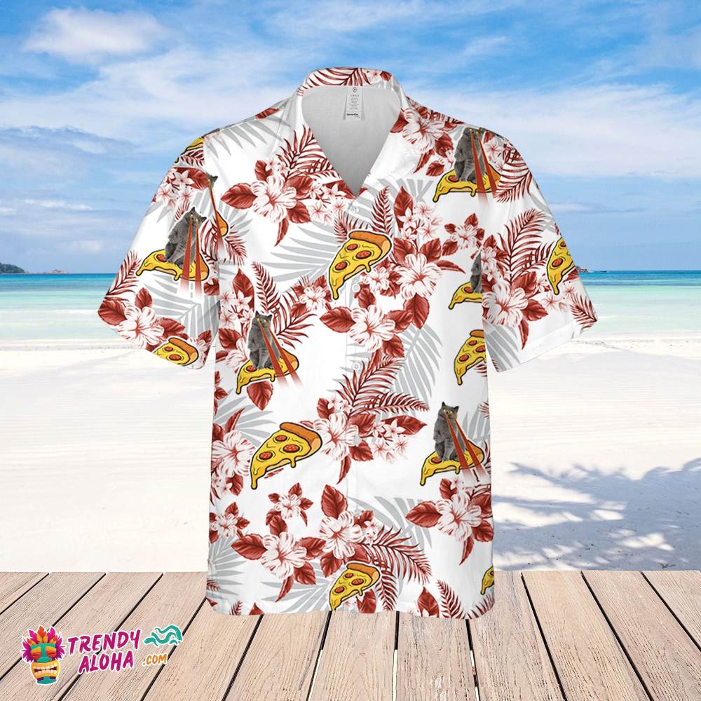 Pizza Cat Hawaiian Flowers Pattern Shirt, Pizza Cat Hawaiian Shirt, Sea Island Shirt, Summer Cat Gift Hawaiian Shirt