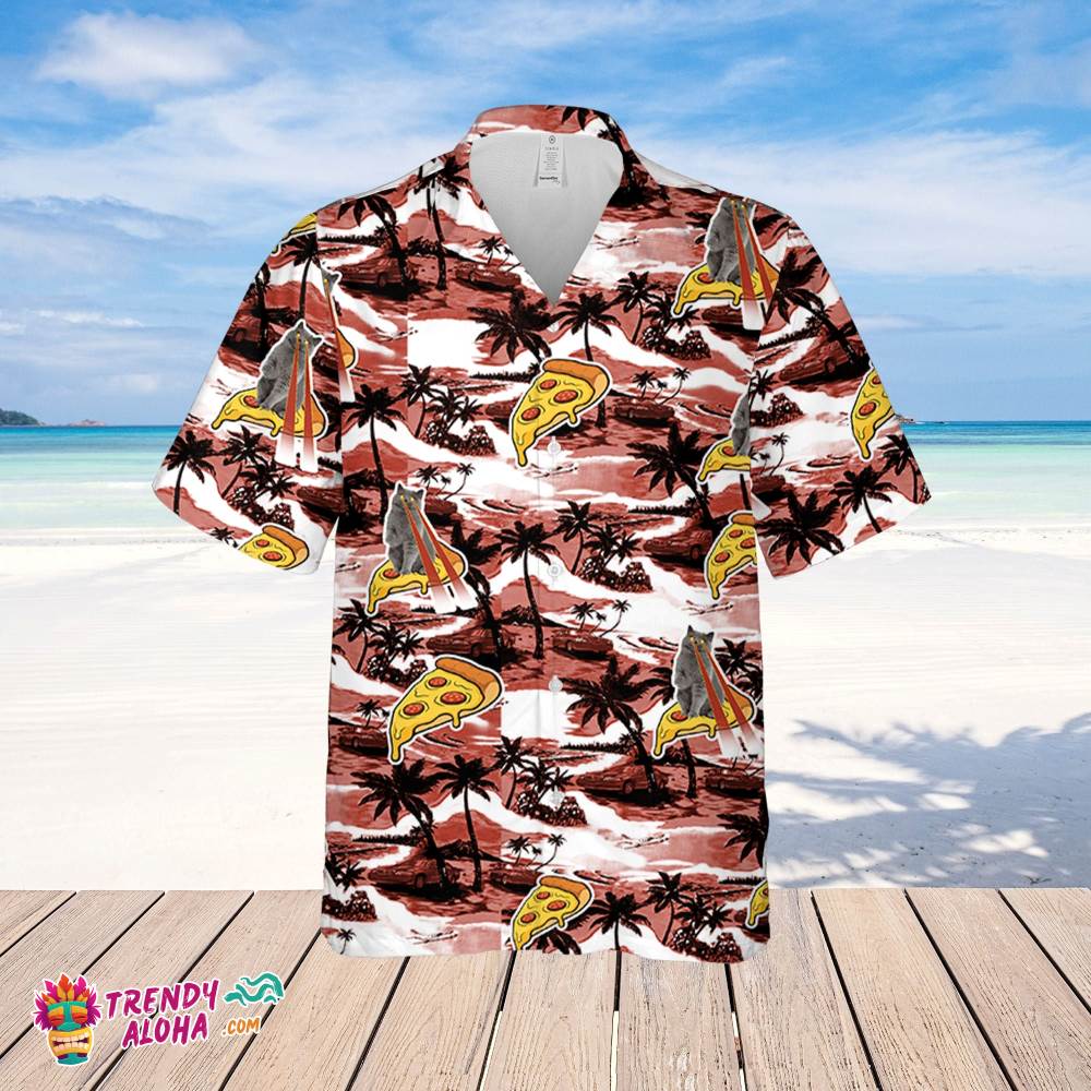 Pizza Cat Hawaiian Sea Island Pattern Shirt, Pizza Cat Hawaiian Shirt, Sea Island Shirt, Summer Cat Gift Hawaiian Shirt