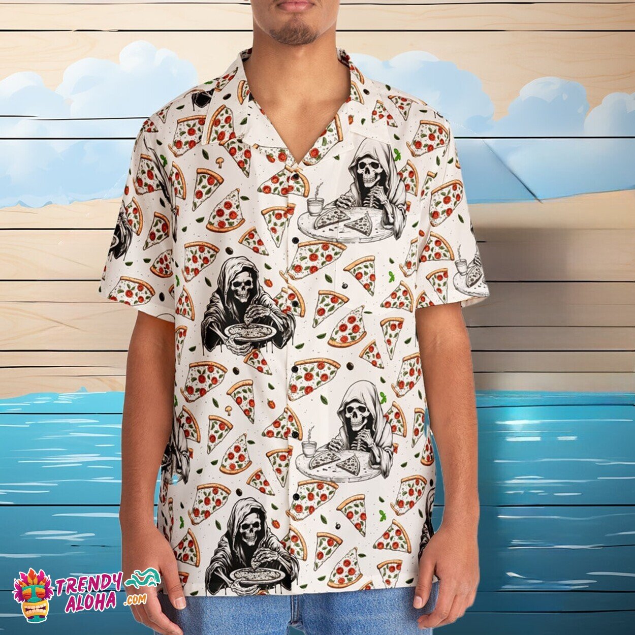Pizza Grim Reaper Fun Spooky Slice Life Horror Aloha Shirt