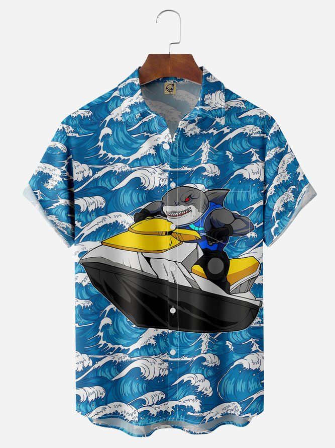 Playful Shark Character: Cartoon Shark Chest Pocket Hawaiian Shirt