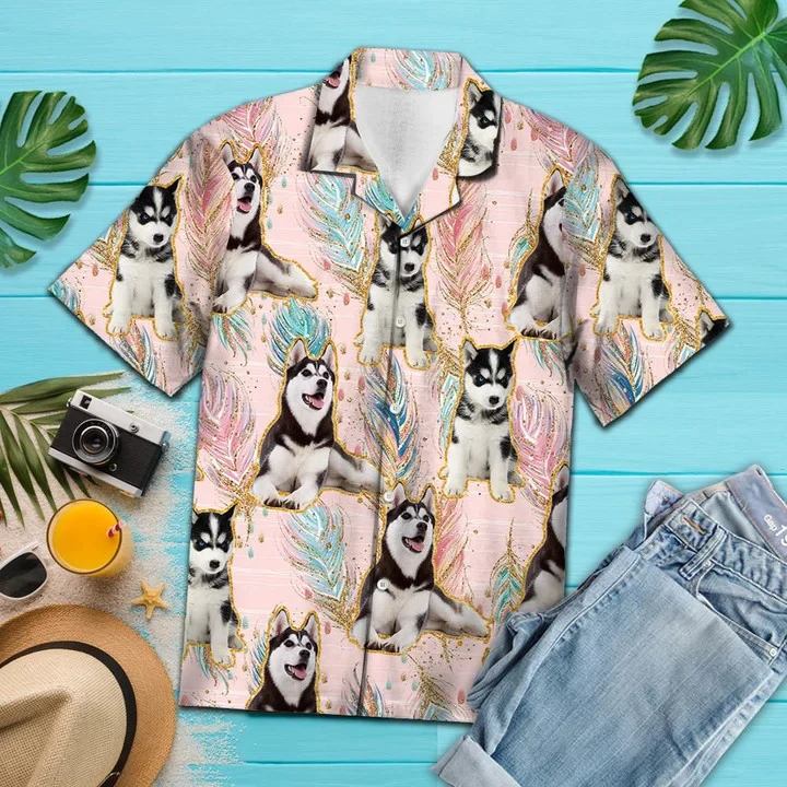Playful Siberian Husky Boho Feather Pattern Trendy Hawaiian Shirt Playful Siberian Husky Boho Feather Pattern Trendy Hawaiian Shirt