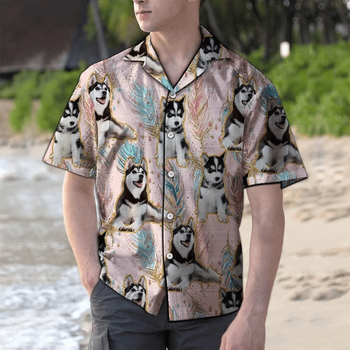 Playful Siberian Husky Boho Feather Pattern Trendy Hawaiian Shirt
