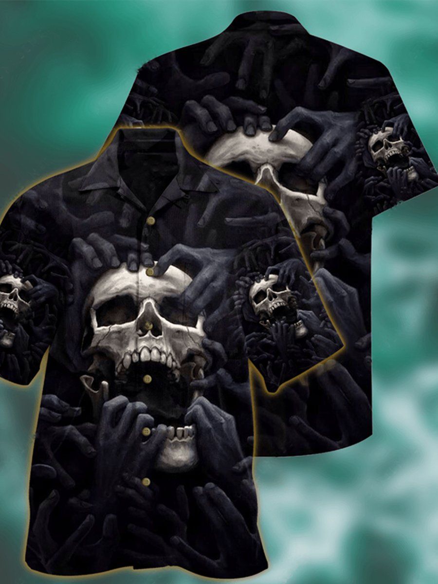 Plus Size Skulls: Hawaiian Shirt with Floral Skull Print and Breast Pocket