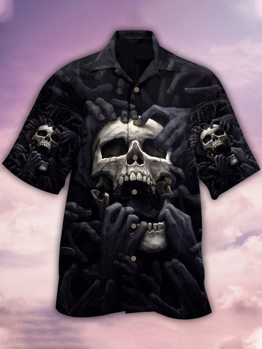 Plus Size Skulls: Hawaiian Shirt with Floral Skull Print and Breast Pocket Plus Size Skulls: Hawaiian Shirt with Floral Skull Print and Breast Pocket
