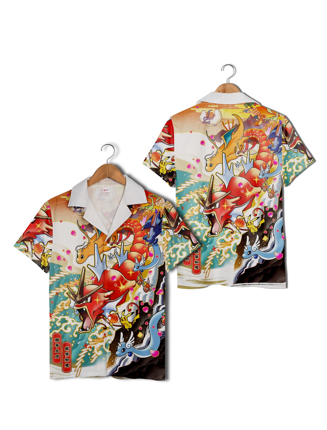 Pokemon Characters Waves Clouds Hawaiian Shirt, Gyarados Pikachu Dragonair Button Up Aloha Summer Shirt