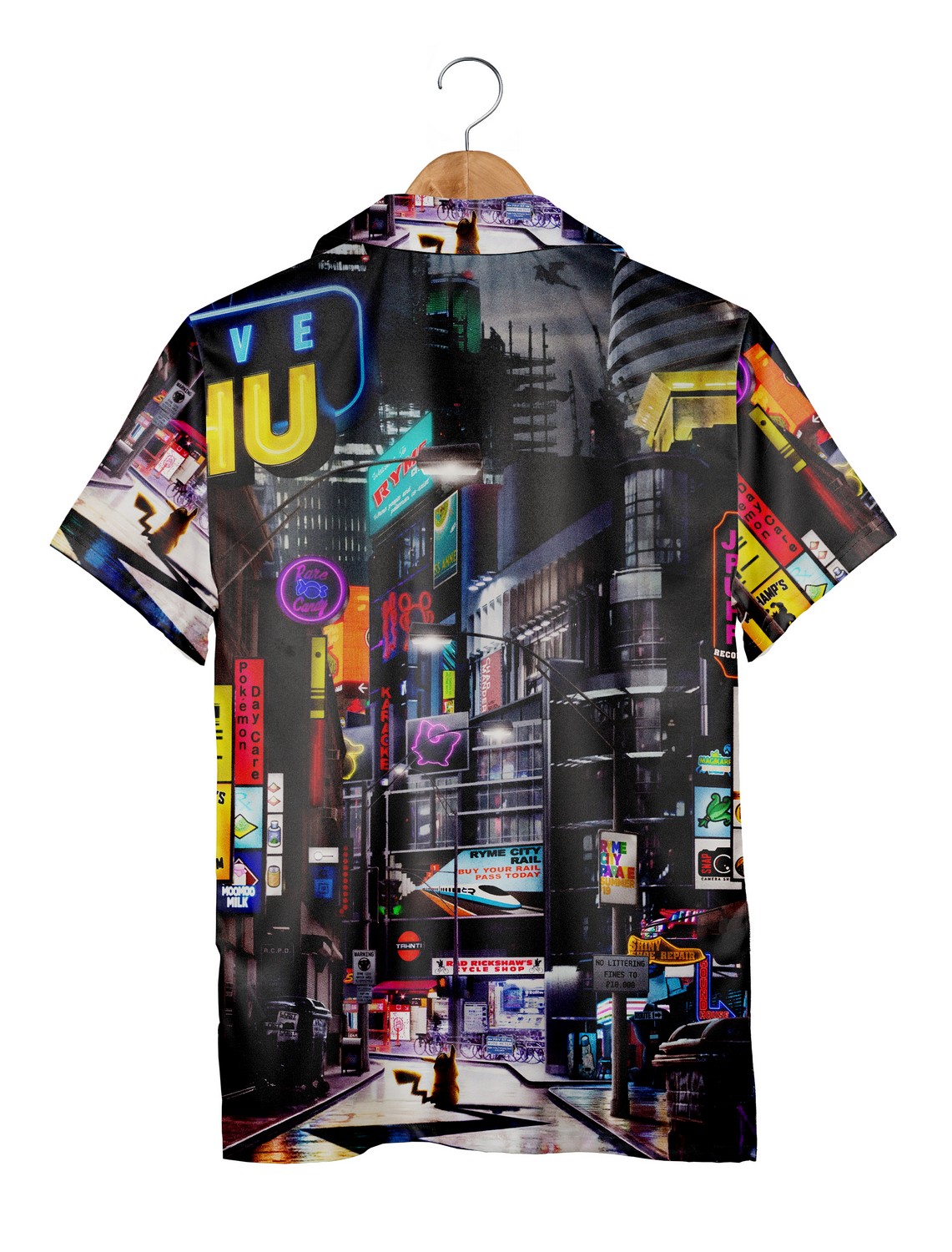 Pokemon Ryme City Hawaiian Shirt, Neon Cyberpunk Aloha Shirt, Pikachu Anime Beach Outfit