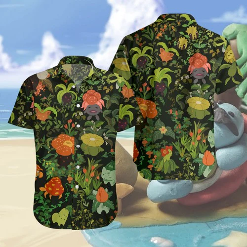 Pokemon Trendy Hawaiian Shirt Grass Type Pokemons Flower Green Hawaii Aloha Shirt 2022
