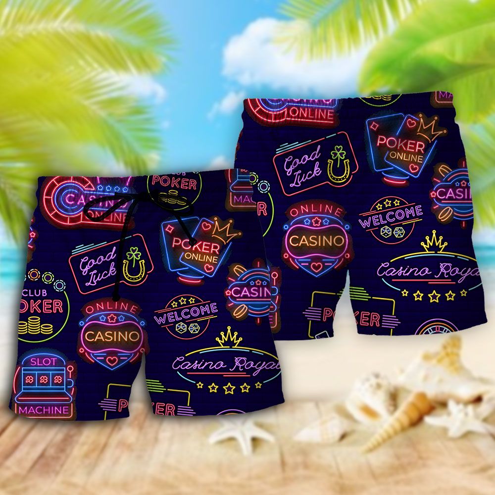 Poker Neon Casino Art Trendy Aloha Hawaiian Beach Shorts
