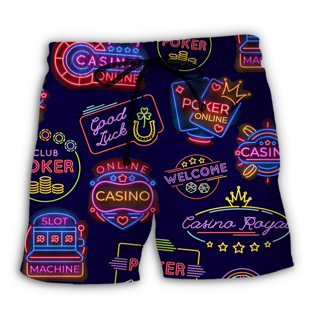 Poker Neon Casino Art Trendy Aloha Hawaiian Beach Shorts Poker Neon Casino Art Trendy Aloha Hawaiian Beach Shorts