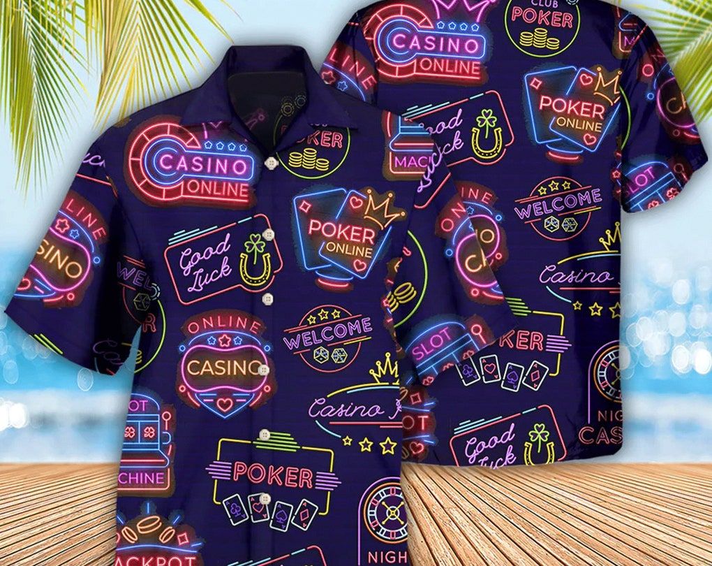 Poker Neon Casino Art – Trendy Hawaiian Shirt, Tropical Beach Shirt Button Down Shirt, Funny Trendy Hawaiian Shirt, Best Gifts For Men, Hawaiian Set Gift.