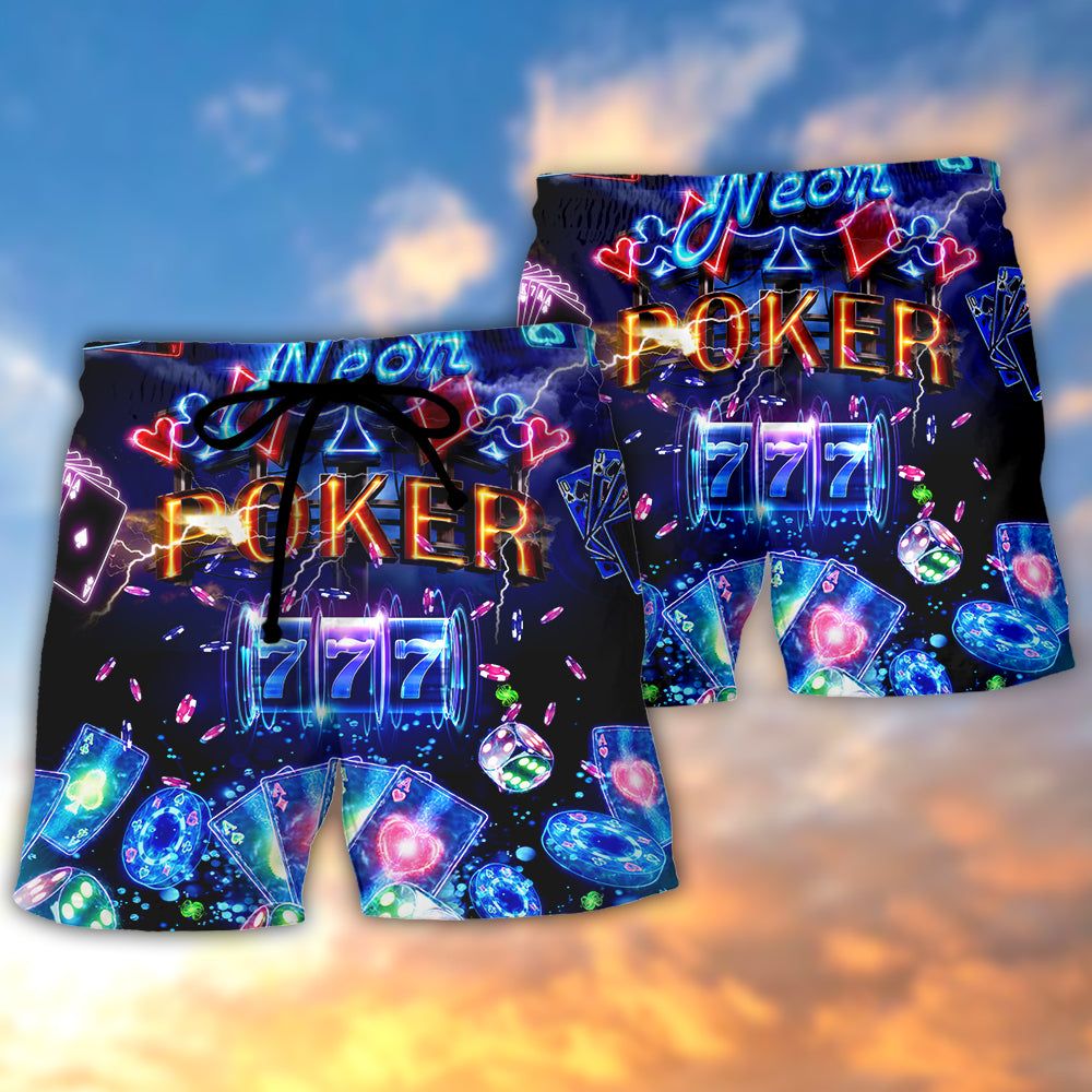 Poker Neon Casino Slot Machine With Jackpot Trendy Aloha Hawaiian Beach Shorts