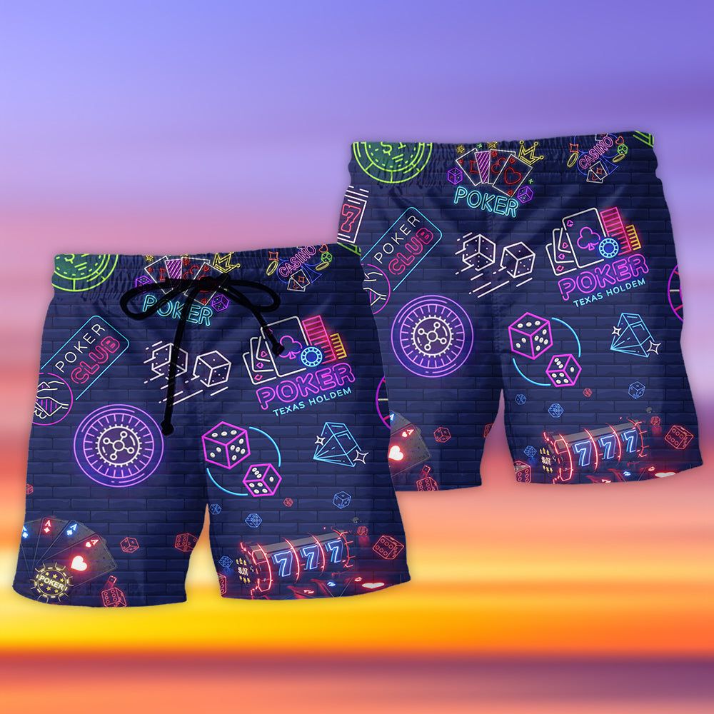 Poker Neon It’s Poker Time Trendy Aloha Hawaiian Beach Shorts