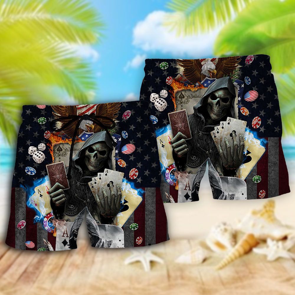 Poker Skull Flame Us Flag Independence Day Trendy Aloha Hawaiian Beach Shorts
