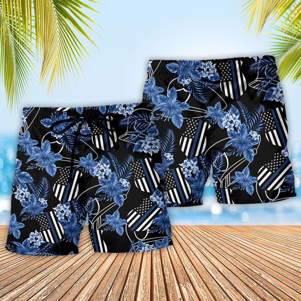 Police Blue Tropical Floral Trendy Aloha Hawaiian Beach Shorts