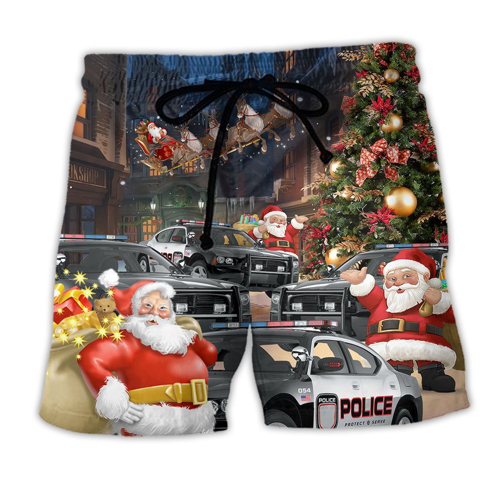 Police Car Santa Merry Christmas Trendy Aloha Hawaiian Beach Shorts Police Car Santa Merry Christmas Trendy Aloha Hawaiian Beach Shorts