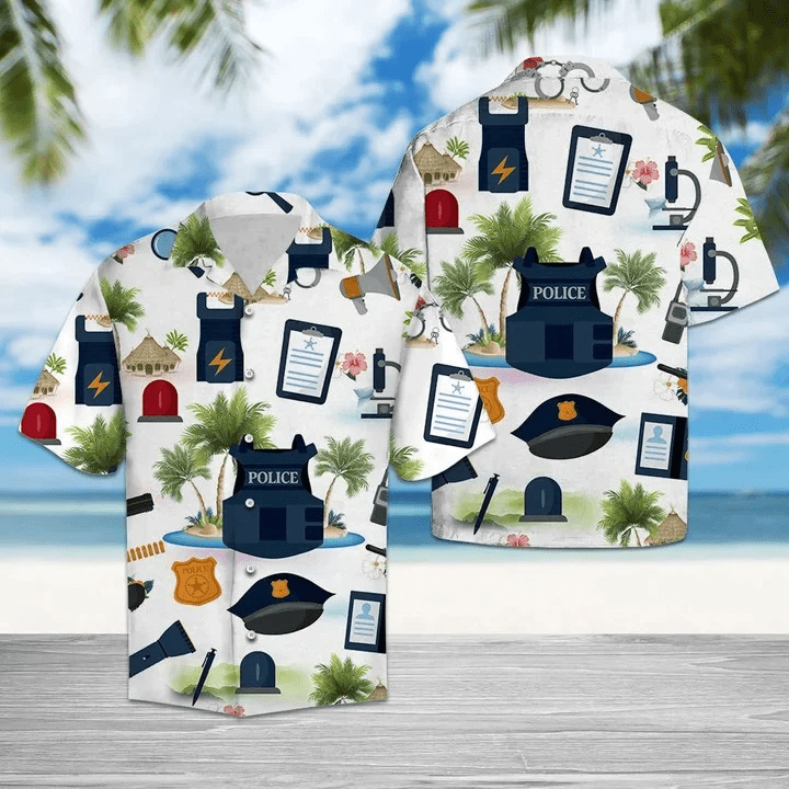 Police Equipment Print On Vacation Mix While Theme Trendy Hawaiian Shirt Police Equipment Print On Vacation Mix While Theme Trendy Hawaiian Shirt