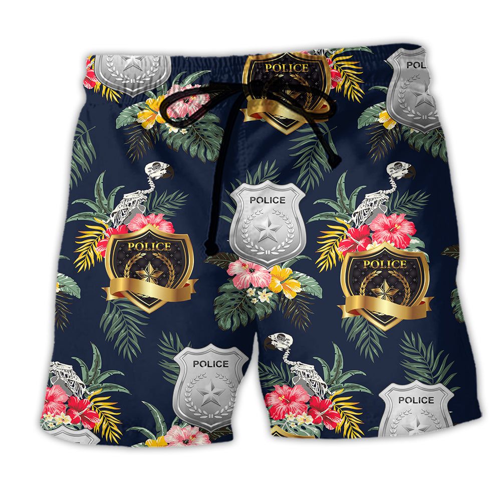 Police Symbol Tropical Floral Trendy Aloha Hawaiian Beach Shorts Police Symbol Tropical Floral Trendy Aloha Hawaiian Beach Shorts