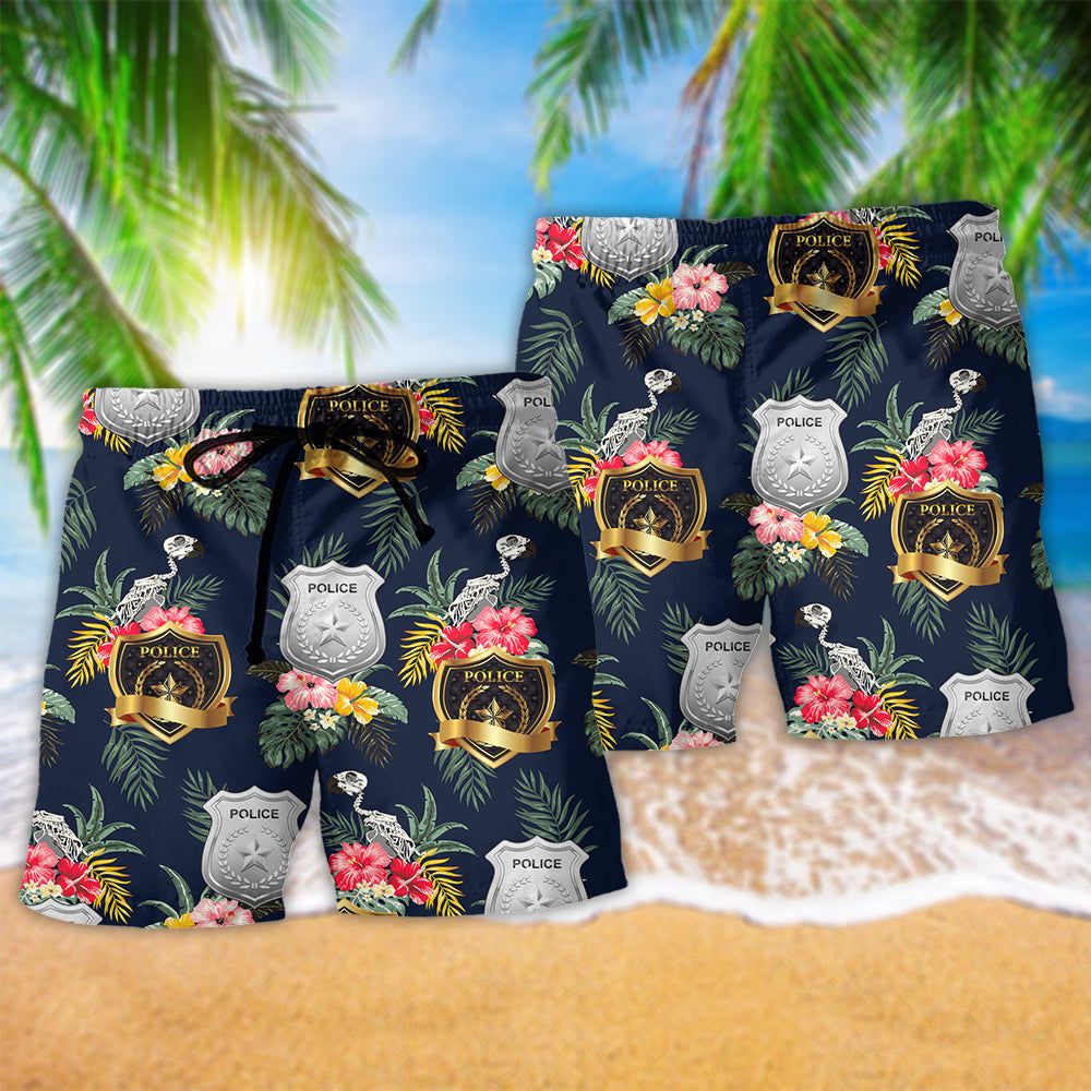 Police Symbol Tropical Floral Trendy Aloha Hawaiian Beach Shorts