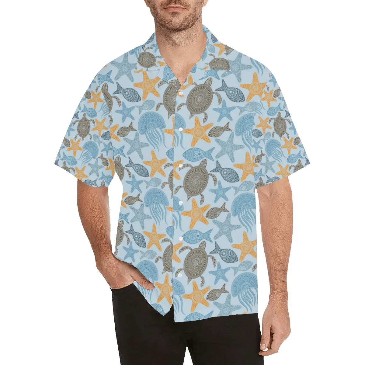 Polynesian Jellyfish Turtle Print Trendy Hawaiian Shirt, Turtle Lover Trendy Hawaiian Shirt For
